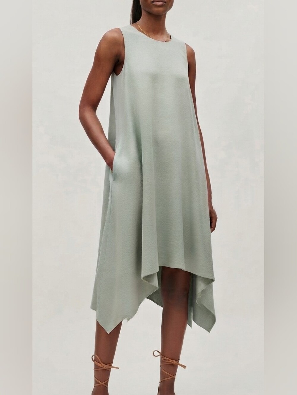 COS Layered Drape Dress Green Relaxed Fit Aysmmetric Hem Size 8 Minimalist